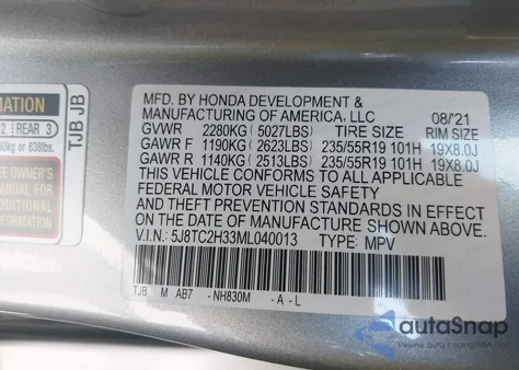 2021 Acura Rdx Standard из США, поврежденный, VIN 5J8TC2H33ML040013